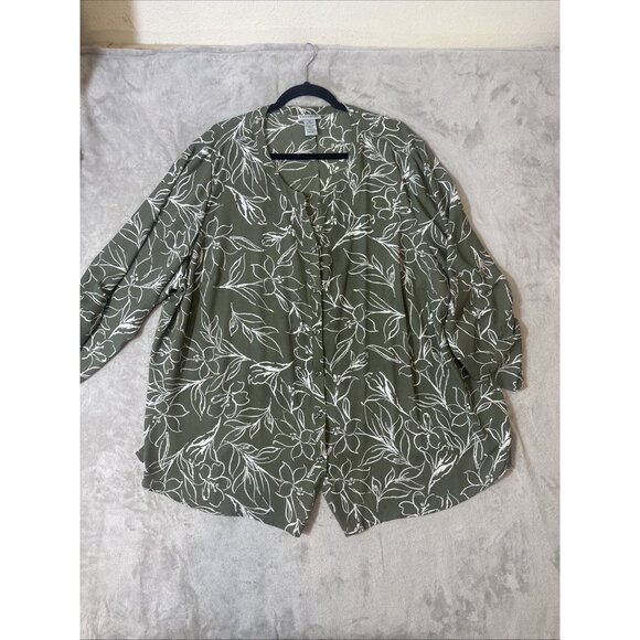 Catherines 3X Blouse Green White Floral Button Front 3/4 Sleeve Plus Size Top - Picture 1 of 8